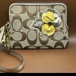 Coach Signature Brown Jacquard Wristlet with Yellow Floral Accent EUC